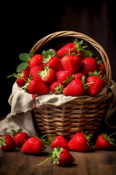 Wicker basket filled with strawberries on wooden background. Healthy food concept with copy space