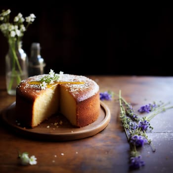 Homemade round sponge Brown Butter cake or chiffon cake on wooden plate table with flowers. Homemade bakery concept for recipe, background and wallpaper.