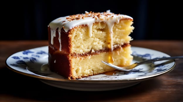 Piece of homemade round sponge Brown Butter cake or chiffon cake on gray plate. Homemade bakery concept for recipe, background and wallpaper.