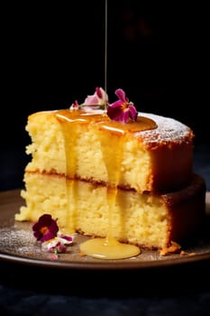 Piece of sponge Brown Butter cake with flowing honey on table with flowers. Homemade bakery concept for recipe, background and wallpaper.