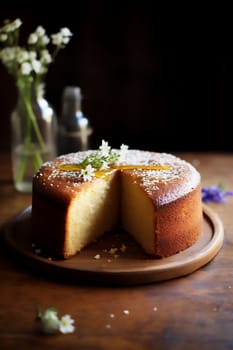 Brown Butter sponge cake or chiffon cake with flowers on wooden table. Homemade bakery concept for recipe