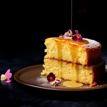 Piece of sponge Brown Butter cake with honey on table with flowers. Homemade bakery concept for recipe, background and wallpaper.