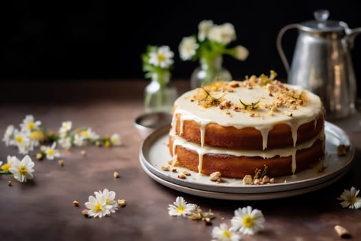 Brown Butter sponge cake or chiffon cake with vanilla custard and flowers. Homemade bakery concept for recipe with copy space