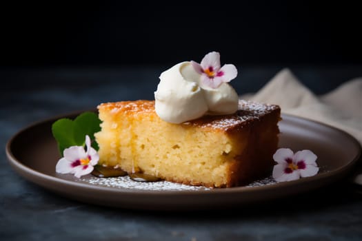 Piece of homemade round sponge Brown Butter cake or chiffon cake with whipped cream on plate. Homemade bakery concept for recipe, background and wallpaper.