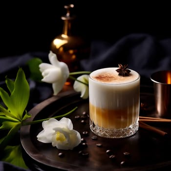 Glass of tasty Brown Butter autumn latte macchiato coffee on dark background with white flowers. Fall and winter warm drinks concept