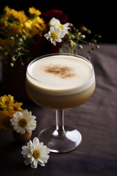 Glass of tasty Brown Butter autumn latte macchiato coffee on dark background with flowers. Fall and winter warm drinks concept