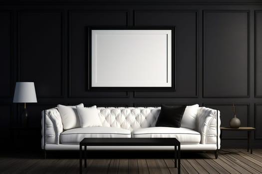 Modern white leather sofa with legs and cushions in a minimalist living room with black walls, a loft table and a white lamp. Modern living room interior.