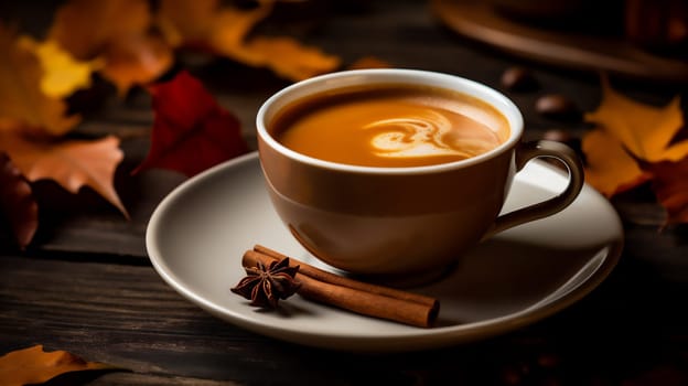 Cup of tasty pumpkin autumn coffee with cinnamon sticks and orange leaves on wooden background. Fall and winter warm drinks concept