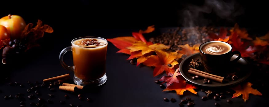 Banner with cup of tasty spicy cappuccino coffee with cinnamon and autumn leaves. Fall and winter warm drinks concept