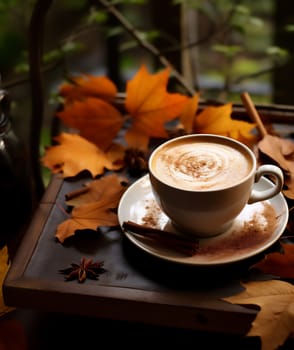 Cup of tasty spicy cappuccino coffee with cinnamon and autumn leaves on wooden background. Fall and winter warm drinks concept