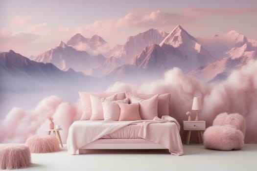 Bedroom in pink tones with a large bed against a wall with fluffy pink clouds and mountains. Home comfort.