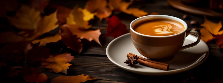 Banner with cup of tasty pumpkin coffee and autumn leaves on wooden background. Fall and winter warm drinks concept