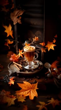 Stories template with cup of tasty spicy Brown Butter autumn latte macchiato coffee with cinnamon and autumn leaves on wooden background. Fall and winter warm drinks concept