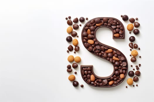 Milk chocolate letter S with traditional cookies kruidnoten on white background with copy space. Symbol of Dutch winter children holiday called Sinterklaas or Saint Nicholas day. Top view