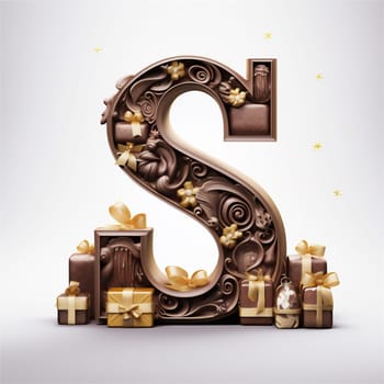 Milk chocolate letter S with golden gifts on white background. Symbol of Dutch feast called Sinterklaas or Saint Nicholas day in the Netherlands. Copy space