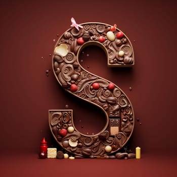 Milk chocolate letter S with golden gifts on red background. Symbol of Dutch feast called Sinterklaas or Saint Nicholas day in the Netherlands. Copy space