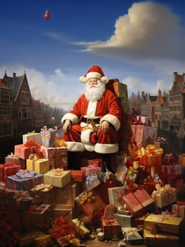 Traditional Santa Claus sitting surrounded by colorful gifts. Christmas winter holidays concept for greeting card with copy space