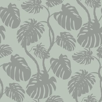 Pattern with silhouettes of monstera bushes in monochrome khaki shades with leaves and trunk for textiles and prints