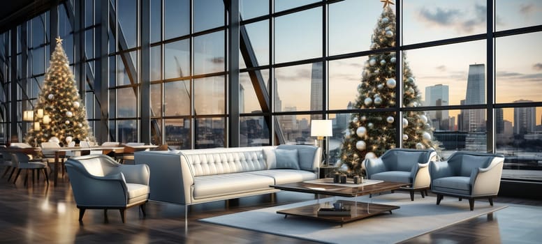 Cozy modern spacious office room with panoramic windows with a Christmas tree.