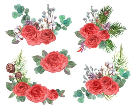 set of Christmas winter bouquets for cards with red roses and spruce branches with pine cones painted in watercolor isolated