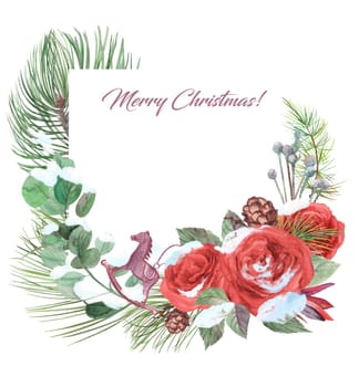 square Christmas frame for the design of cards and gift wrapping with red roses in the snow and fir branches