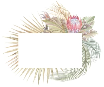 watercolor rectangular frame with dry tropical flowers and palm leaves and orchid for cards and design