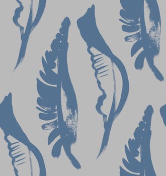 seamless gray pattern with dark blue tropical palm leaves arranged vertically for surface and unisex designs