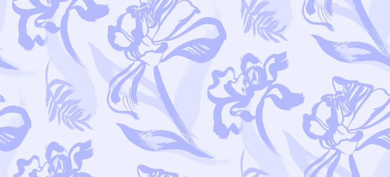 delicate blue pattern with open tulips painted with gouache with a free brush for surface design in a monochrome palette