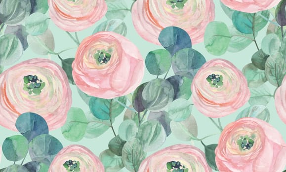 vintage watercolor pattern with delicate roses and eucalyptus on a light background on a light green background