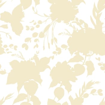 Seamless pattern with floral silhouettes of hydrangeas and herbs in beige and white shades. Summer Mix of botanical silhouettes for textile and design