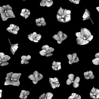 Black and white monochrome seamless botanical pattern with small flowers drawn in pencil and watercolor on a black background for textile and surface design