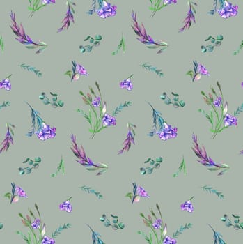 Watercolor Seamless pattern with eustoma flowers painted with watercolors and pencils on a green gray background. Background for women's clothing, textiles and surface design