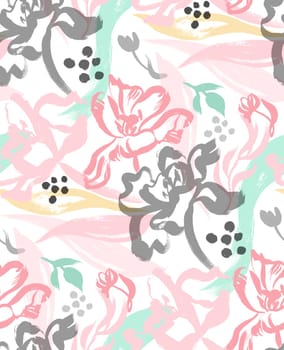 seamless floral pattern drawn by hand on a white background in gouache for surface design and women is clothing