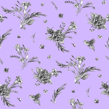 Seamless botanical black and white pattern with hydrangea flowers and leaves drawn in pencil and watercolor on a lilac background