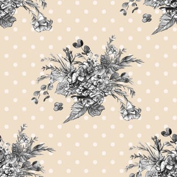 Cute botanical Seamless pattern with black and white hydrangea and eustoma flowers in vintage style on a pastel beige background with white polka dots. Realistic botanical summer textile