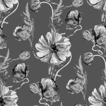 Seamless monochrome pattern in vintage style with poppies on a gray background for textile and surface design. Summer botanical watercolor motif.
