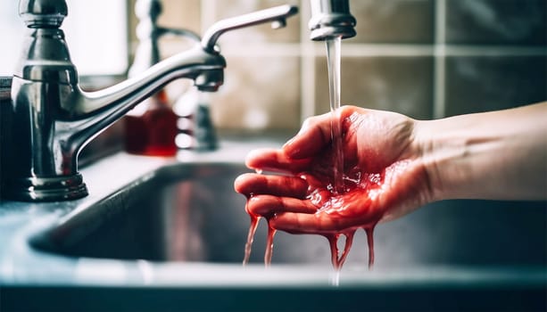 Washing hands with blood. washing bleeding hands in sink. Crime scene,murder,accident concept copy space Space for text