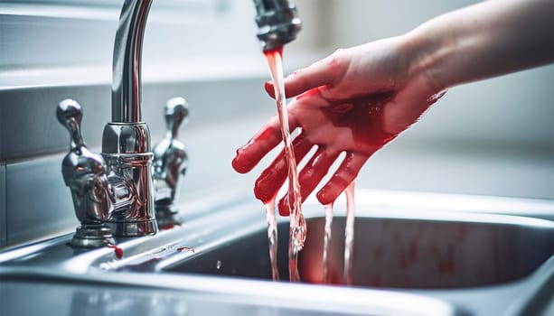 Washing hands with blood. washing bleeding hands in sink. Crime scene,murder,accident concept copy space Space for text