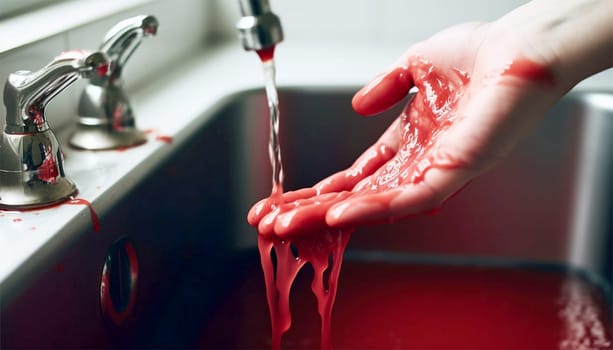 Washing hands with blood. washing bleeding hands in sink. Crime scene,murder,accident concept copy space Space for text