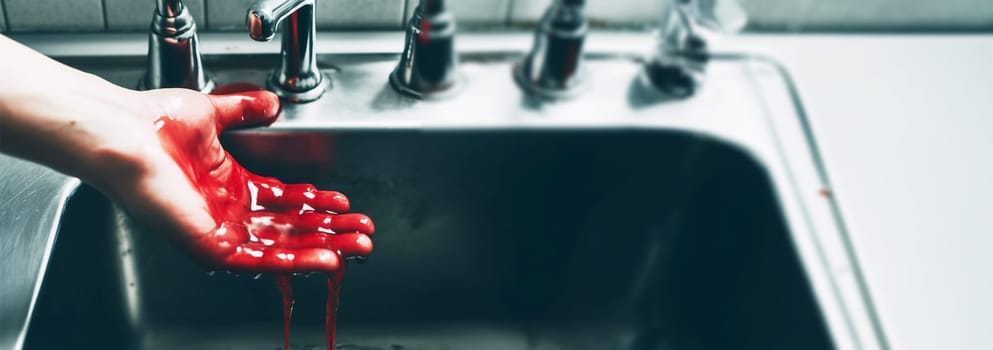 Washing hands with blood. washing bleeding hands in sink. Crime scene,murder,accident concept copy space Space for text