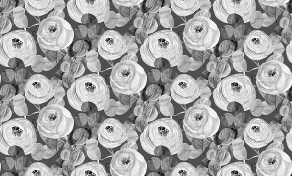 textile watercolor seamless pattern with rose flowers in black and white shades from eucalyptus branches on a dark background for a surface design