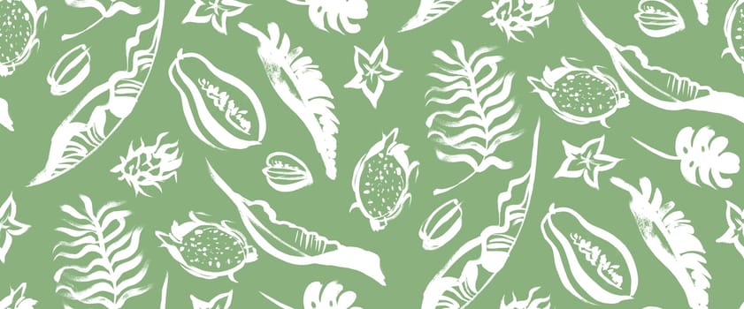 seamless green pattern with white tropical palm leaves and fruits for food and cafe related surface design