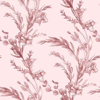 Floral monochrome pattern in pastel colors with vintage hydrangea bouquet for surface and textile design. Seamless retro print drawn with a pencil in delicate peach and brown shades