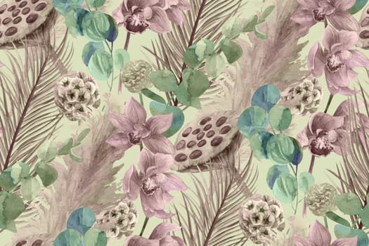 watercolor seamless pattern with orchids and dry palm branches and eucalyptus leaves on green background for textiles and surface design