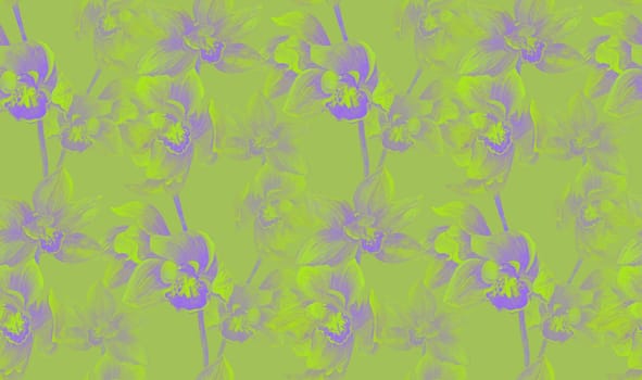 stylized floral seamless pattern with orchid flowers on purple and green background for textile and surface design