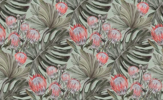 watercolor seamless pattern with herbarium of dry palm leaves, protea and monstera flower on green background for fashion textiles, wallpaper and wrapping paper