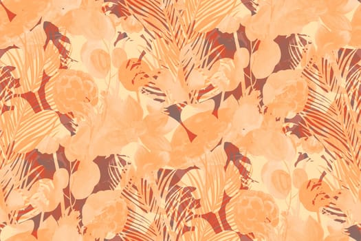 Peach monochrome mix of tropical silhouettes and palm branches and leaves. Seamless textile pattern for summer design with tropical plants