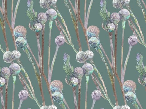 watercolor botanical pattern with gray dried brunei flowers on a green background for packaging and surface and textile design