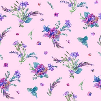 Seamless pattern with hydrangea flowers on pink drawn with watercolors and pencils for summer textile and design for girls