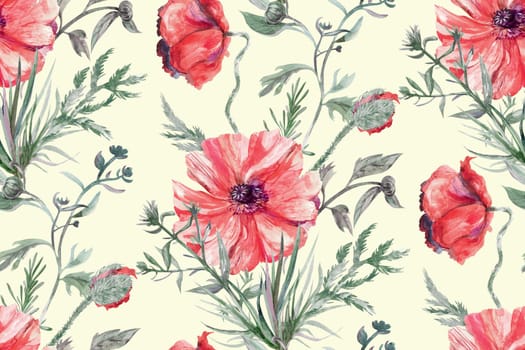 Seamless watercolor pattern with red poppy flowers on a light yellow background for summer textile and surface design